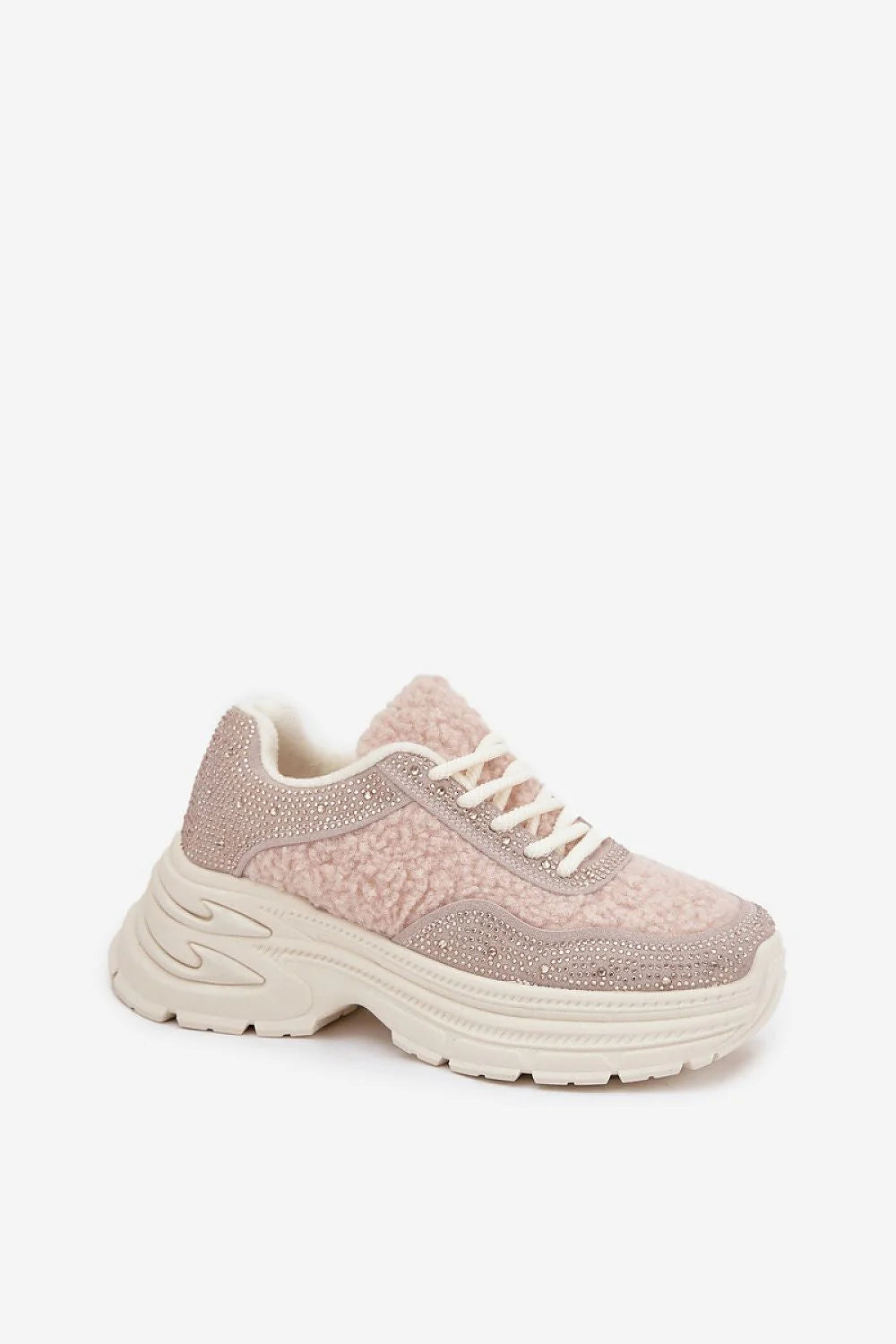 baskets femme compensées plateforme massive rose poudré sherpa suédine cuir écologique fourrure mouton zircons lacées doublure laine semelle crantée confortable