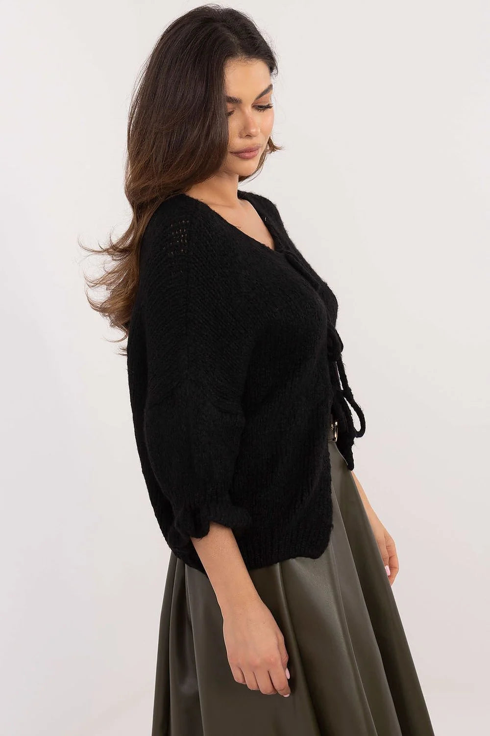 Cardigan pour femme Italy Moda en acrylique doux, style décontracté, fermeture à trois cordons, couleur noire, manches 3/4, longueur standard, mode universelle