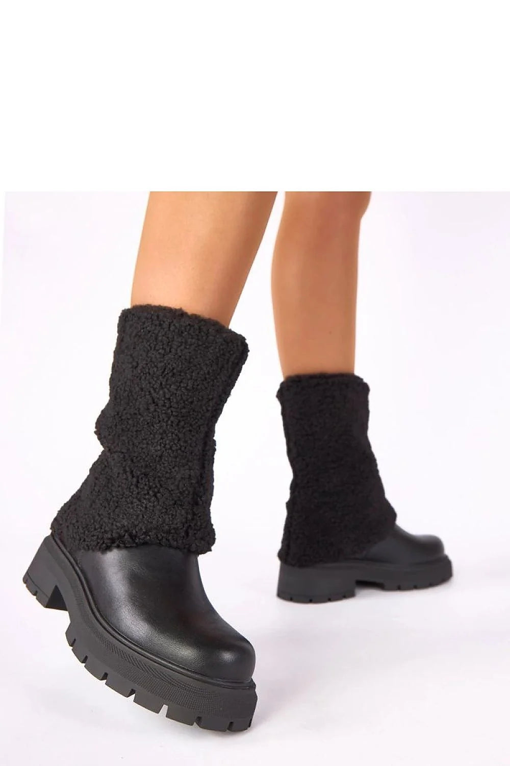 bottines femme noires mi mollet chunky hivernal tige sherpa bouclée empeigne lisse semelle plateforme crampons talon bloc bas confort ajusté