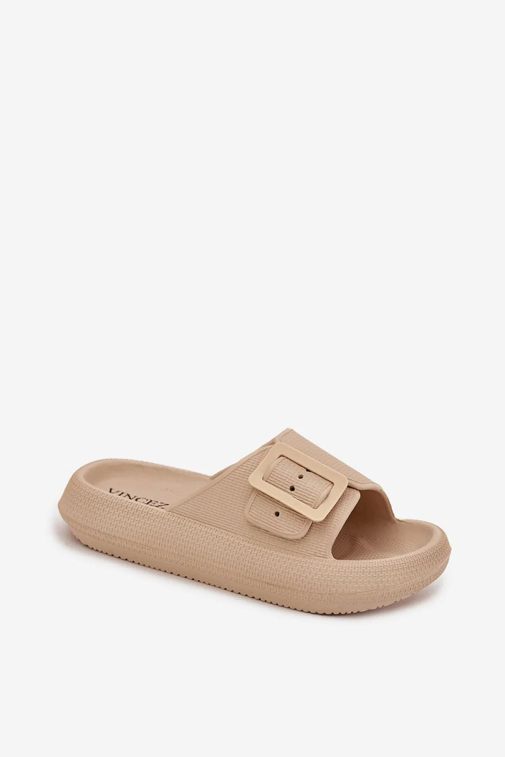 claquettes mules femme beige bride large réglable grosse boucle rectangulaire minimal casual plateforme épaisse mousse texturée amorti confort léger Vinceza