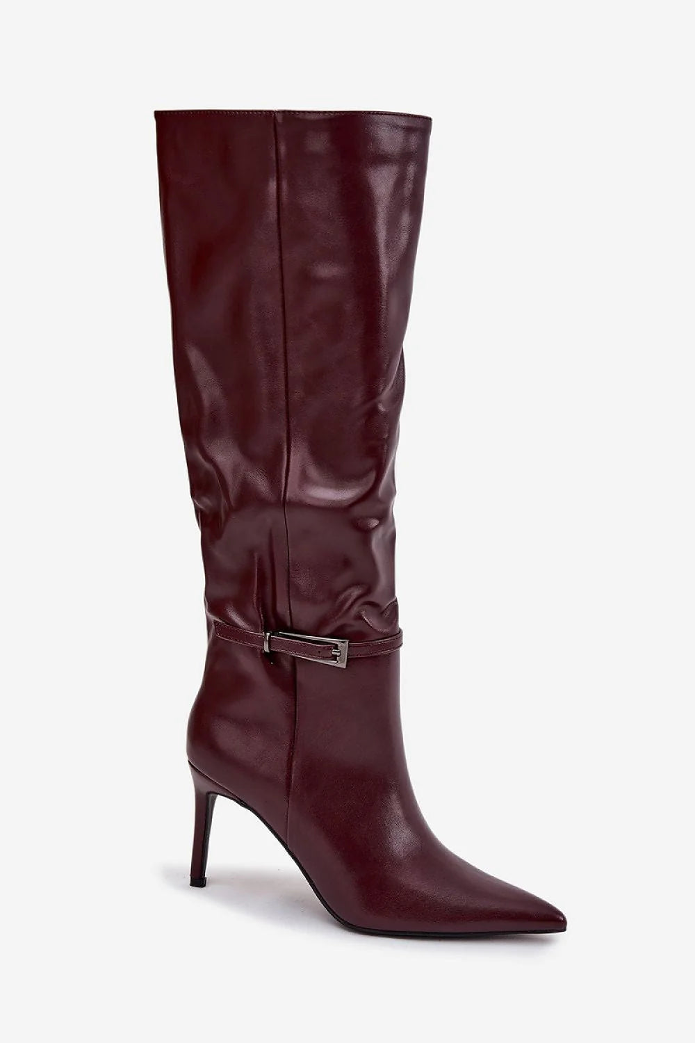 bottes femme genou cuir écologique bordeaux talon aiguilles haut bout pointu tige froncée fermeture zippée latérale bride boucle métallique élégantes