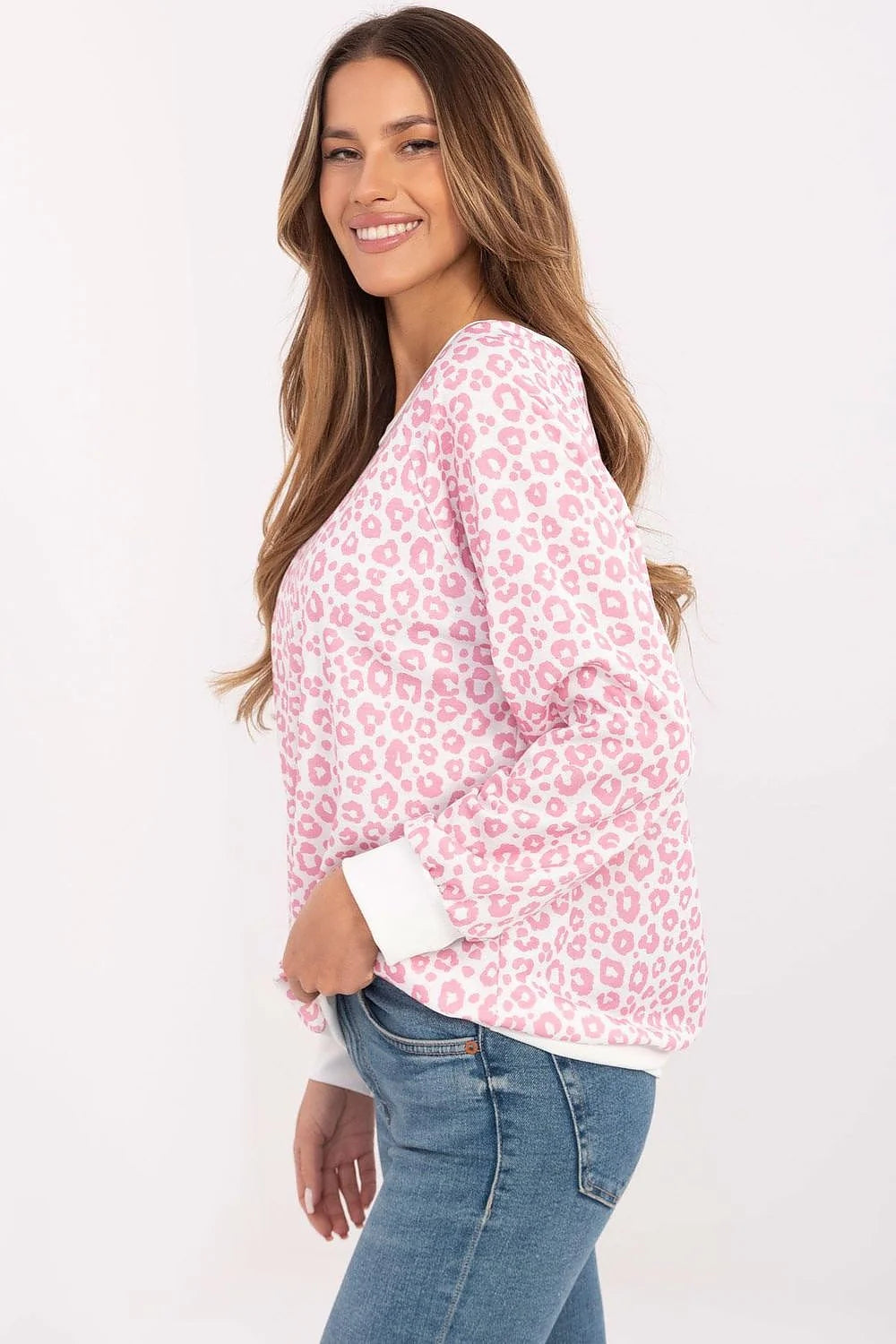 pull femme casual motif léopard rose pastel coton mélangé doux respirant manches longues col rond coupe ample