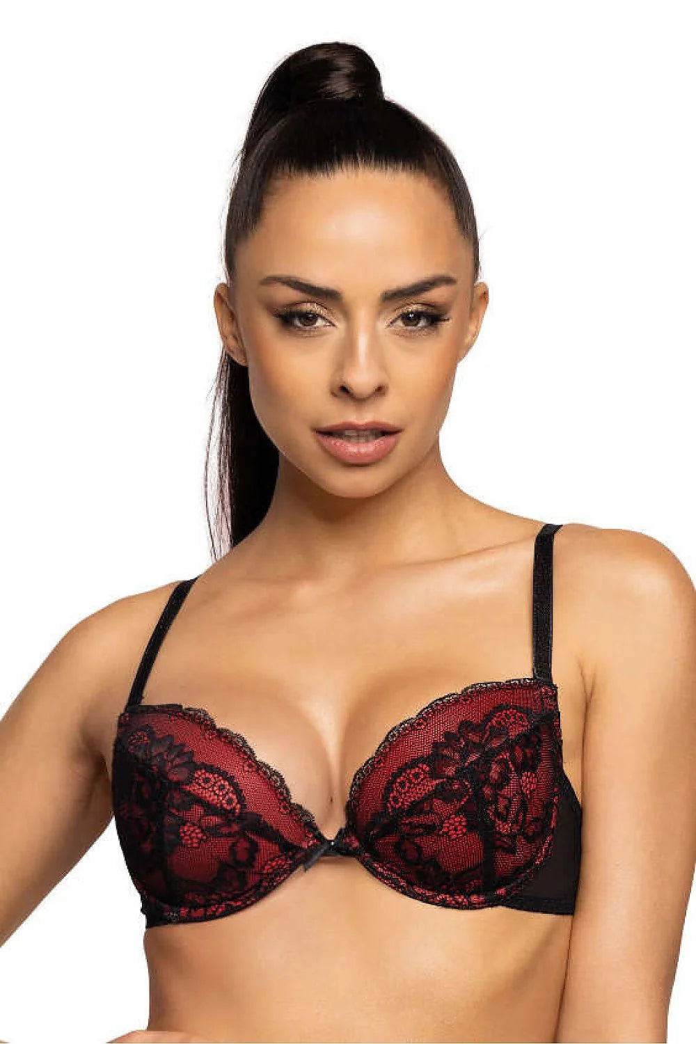 soutiengorge pushup balconnet dentelle noire rouge satinée florale bonnets moulés rembourrés armatures bretelles réglables amovibles maintien sculptant décolleté plongeant sophistiqué