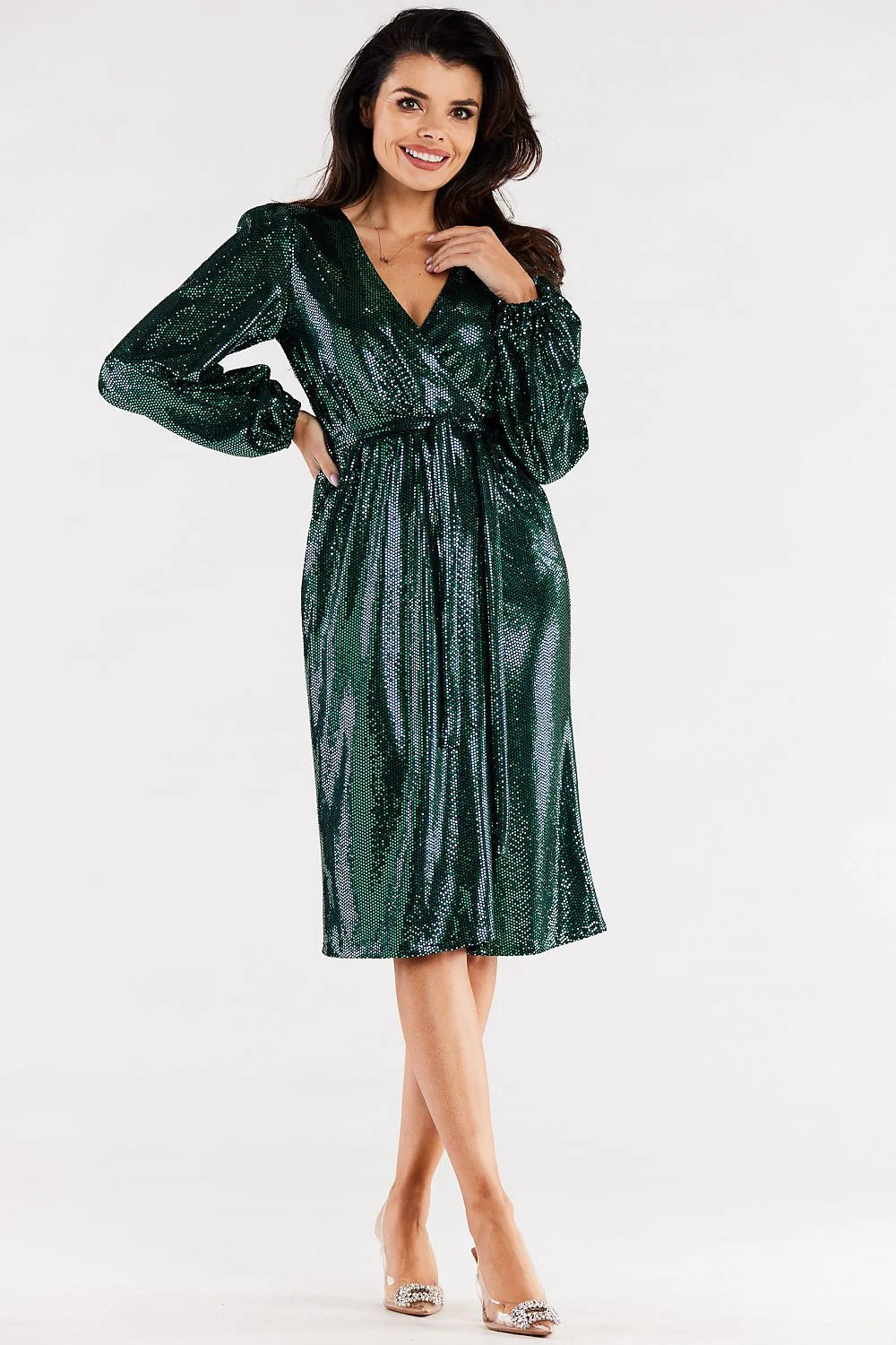 Robe de soirée élégante longue manches longues en tissu métallique argenté avec décolleté en V et ceinture ajustable pour femme
