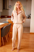Ensemble Mirale pour femme style décontracté confortable tissu éponge coton élasthanne couleur beige clair veste zippée pantalon ample