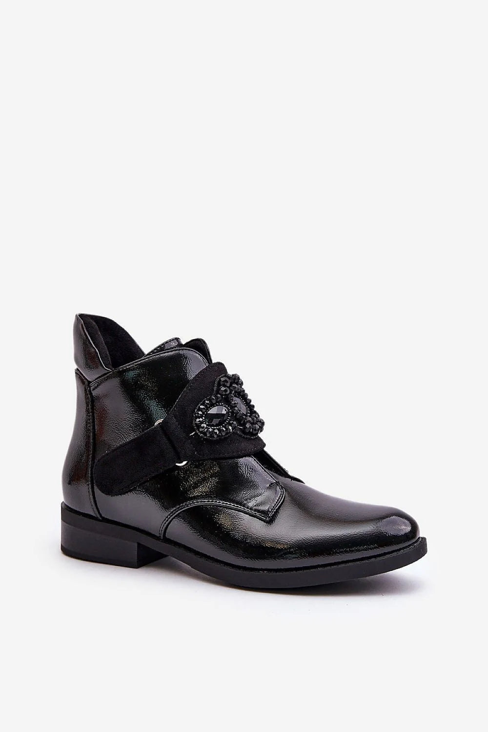 Bottines pour femmes design élégant cuir verni noir talons plats bandes velours cœur détails mode automne hiver