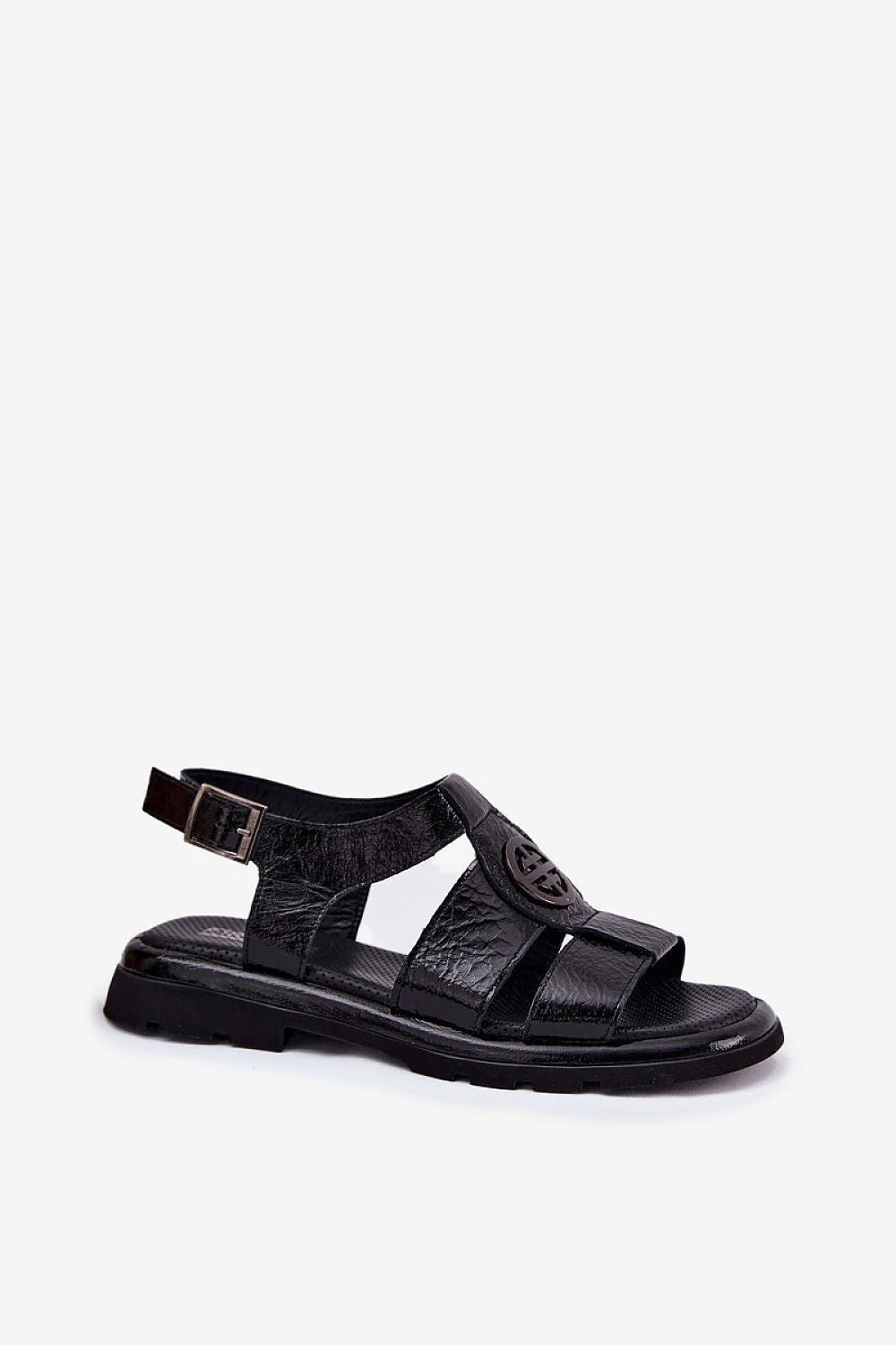 Sandales pour femmes en cuir naturel noir verni, design moderne et sophistiqué, style minimaliste, sangle ajustable, confort optimal, été 2023