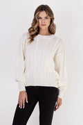 Pull pour femmes design élégant intemporel couleur blanche motif maille torsadée manches longues ourlet côtelé laine acrylique taille longueur ajustable