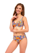 bikini femme été 2023 armatures bonnets rembourrés bretelles réglables culotte taille haute fronces motifs feuilles tropicales orange bleu perles dorées