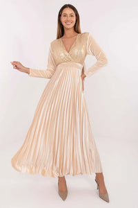 robe longue soirée maxi champagne satinée plissée métallisée taille empire décolleté enveloppant manches longues bonnets rembourrés laçage dos