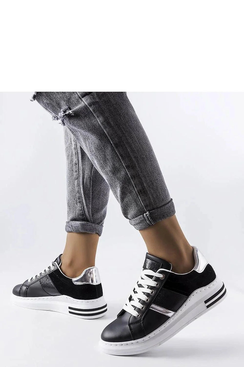 Baskets Solea chaussures de sport femmes moderne élégante coupe basse matelassé noir argenté cuir similicuir