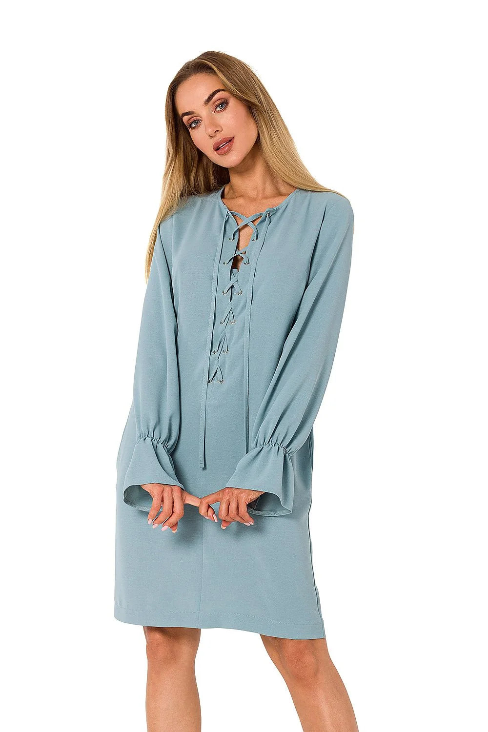 robe jour Moe femme décontracté chic manches longues évasées col lacé oeillets cordons ceinture ajustable maille souple fluide marron
