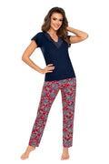 Pyjama femme deux pièces élégant confortable dentelle fleurs bleues manches courtes pantalon long viscose élasthanne Pologne