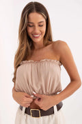 Top Lakerta crop élégant femme viscose beige coupe ample élastique encolure rectangulaire ruffle bas