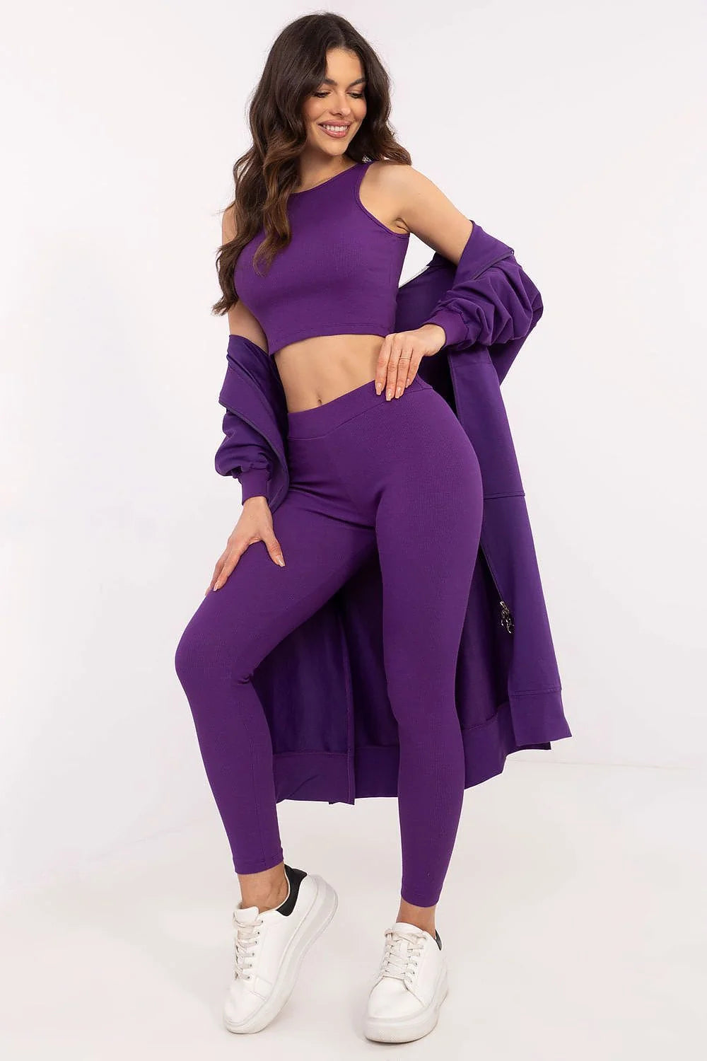 Ensemble femme longue veste sans manches haut court leggings violet vif sportswear mode tendance