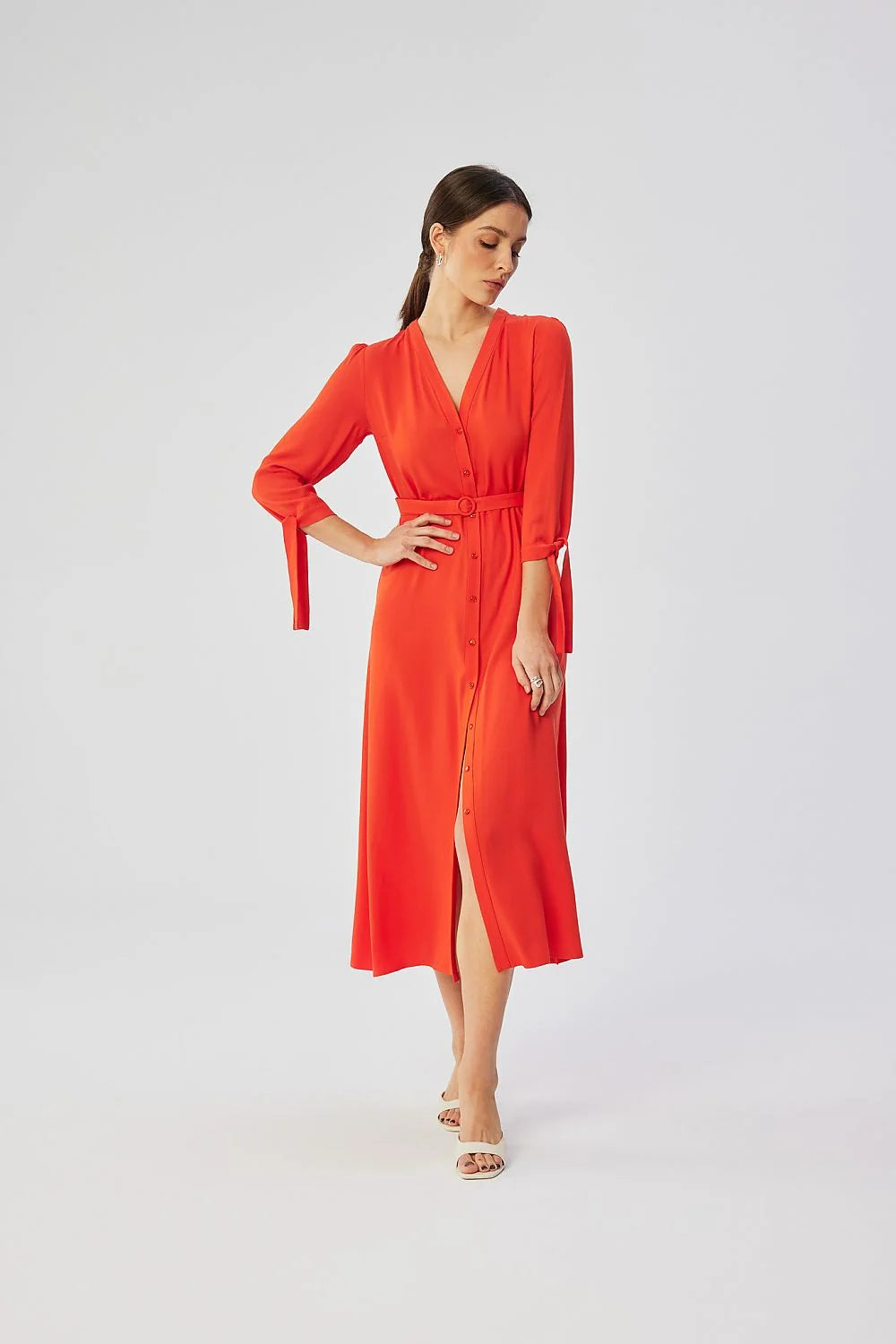 Robe de jour élégante en viscose coupe A-line manches 7/8 nouées couleur rouge orangé femme