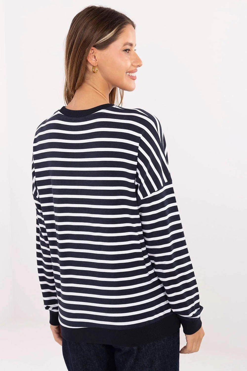 chemisier oversize rayures marinière bleu marine blanc manches longues encolure ronde jersey doux côtelés poignets ourlet longueur hanches décontracté chic