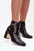 bottines femme vernis noir simili cuir cheville bout pointu talon colonne stable insert métallique doré bride décorative boucle