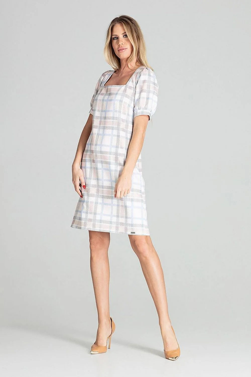 Robe élégante polyester bleu coupe droite genou manches courtes puffed femme style moderne sophistiqué