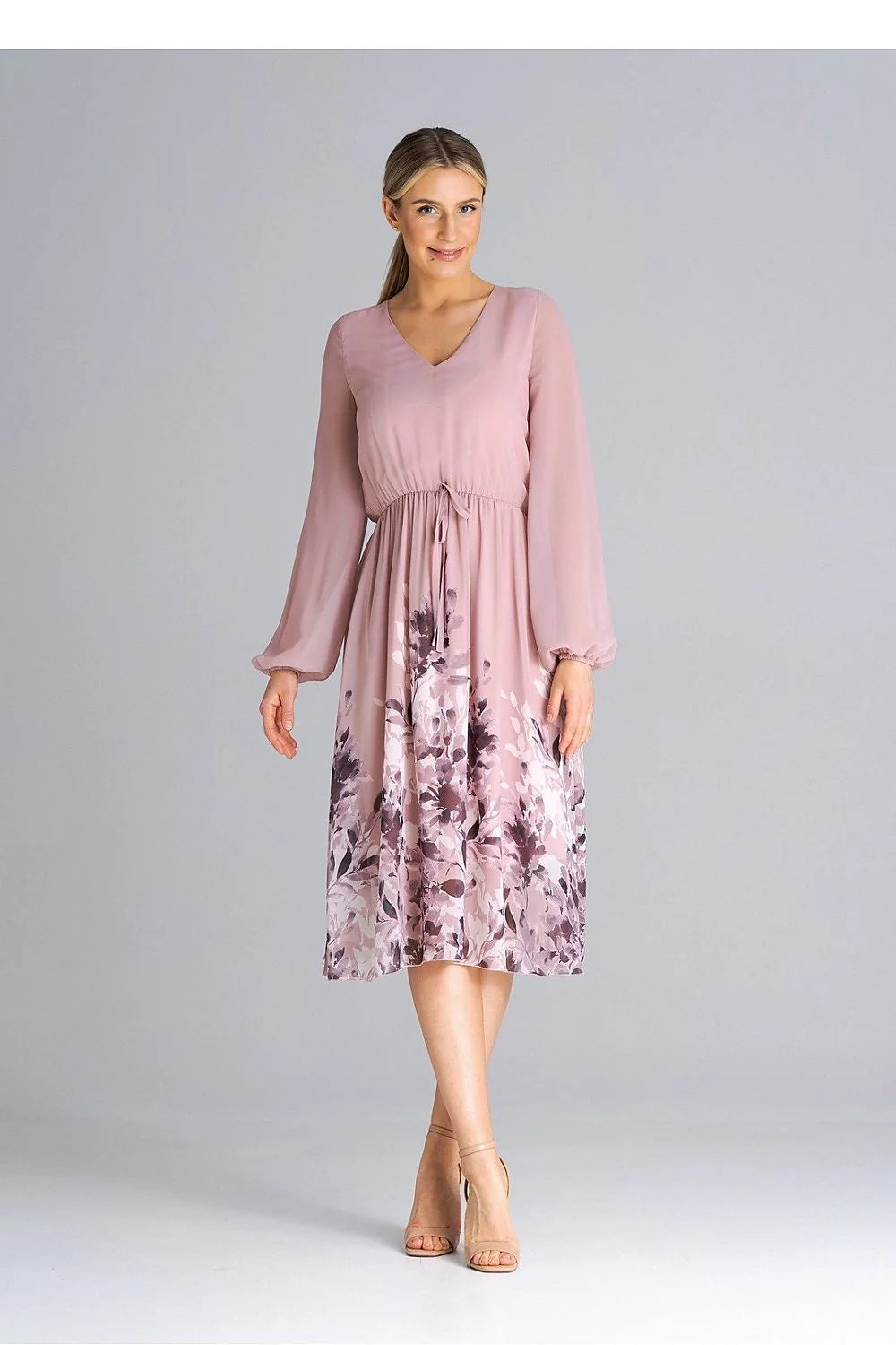 Robe de jour élégante polyester V-neck manches longues élastiquées taille ajustable occasion semi-formelle femmes