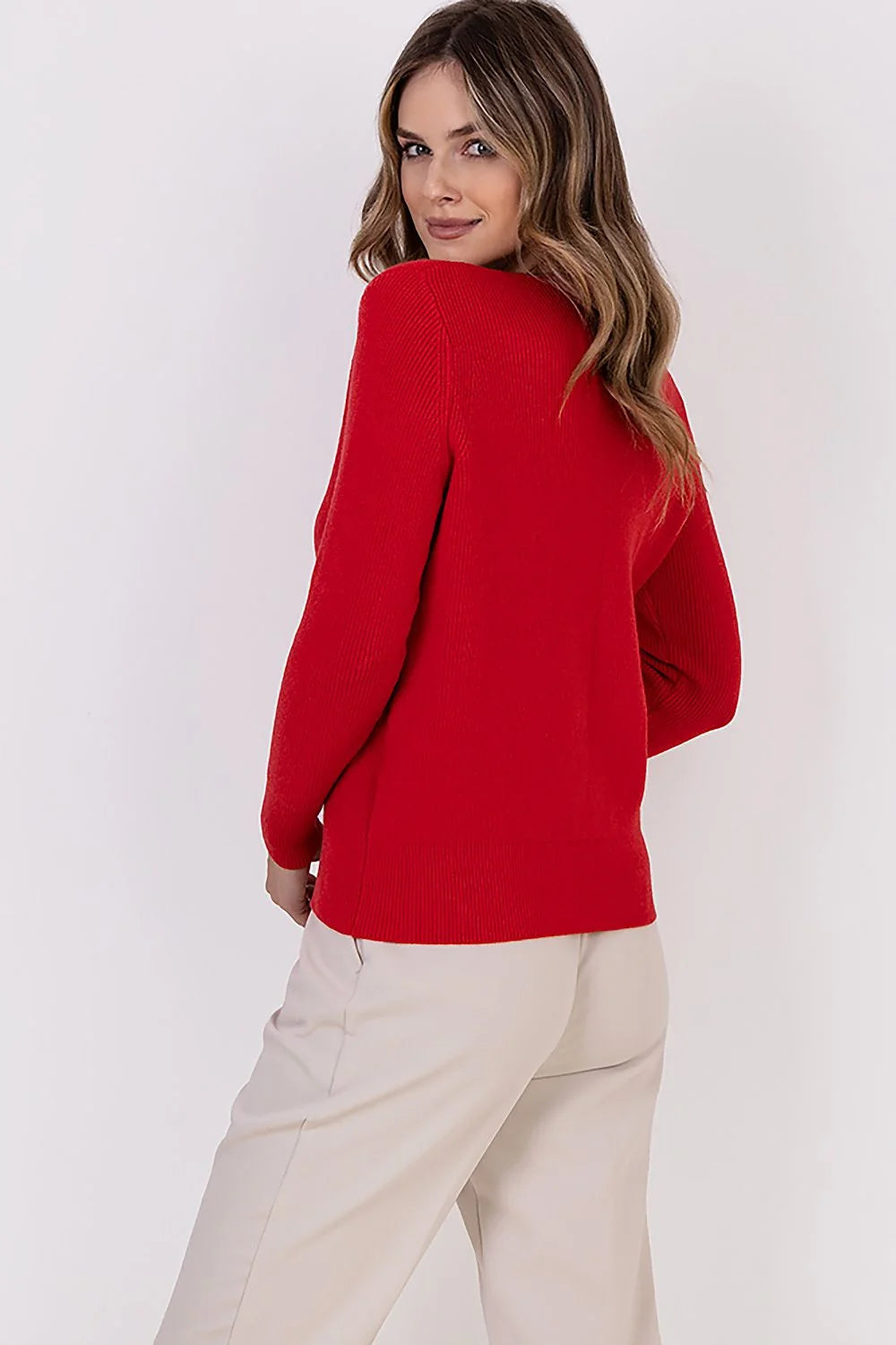 Pull pour femme moderne épuré col V manches longues ajusté couleur rouge vif qualité supérieure matières douces