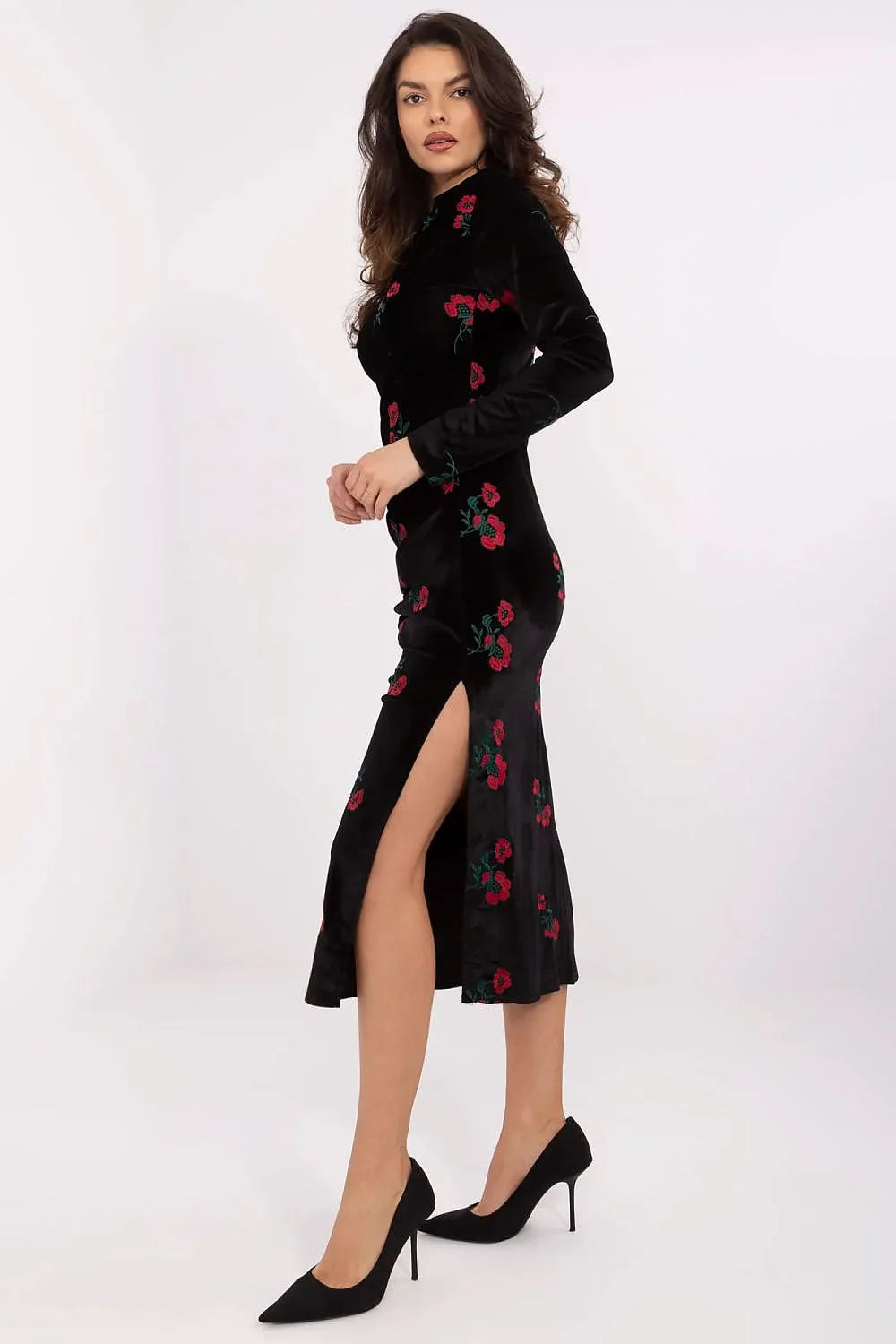 Robe de soirée élégante longue manches longues col rond motifs floraux velours noir femme
