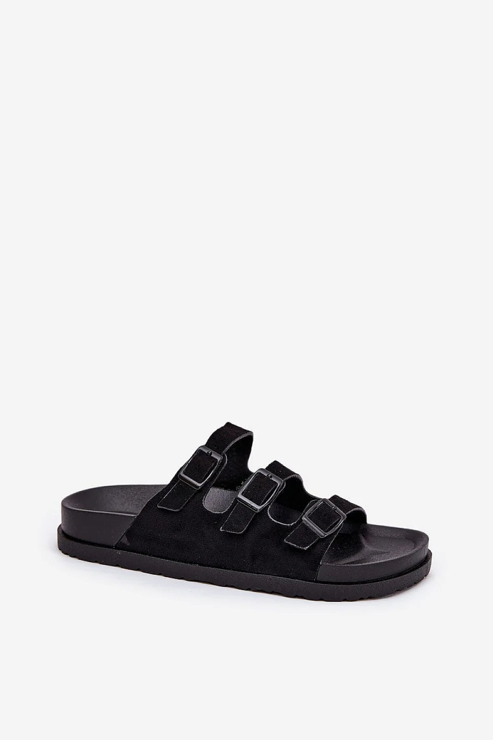 Sandales pour femmes en cuir suédé écologique, style moderne casual, semelle gomme épaisse, trois brides réglables boucles noires, confort tout jour, look estival