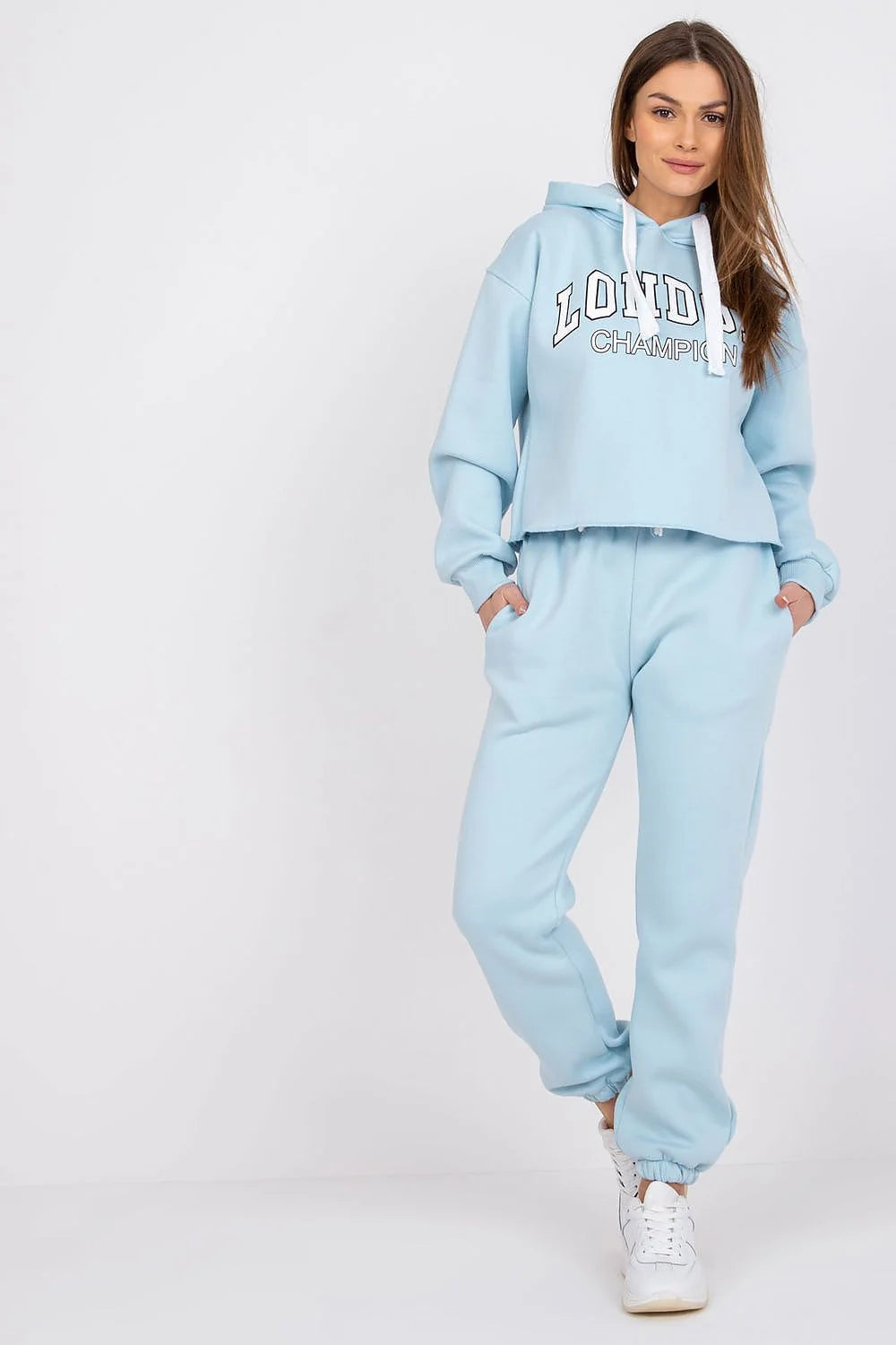 Ensemble Ex Moda femme sweat à capuche crop top hoodie pantalon joggers bleu pastel Londres Champion
