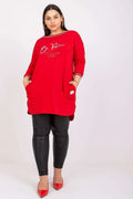 Tunique Relevance pour femme, robe loose à manches 3/4, encolure ronde, poches latérales, détails décoratifs, coton élasthanne, taille universelle, look urbain, style casual