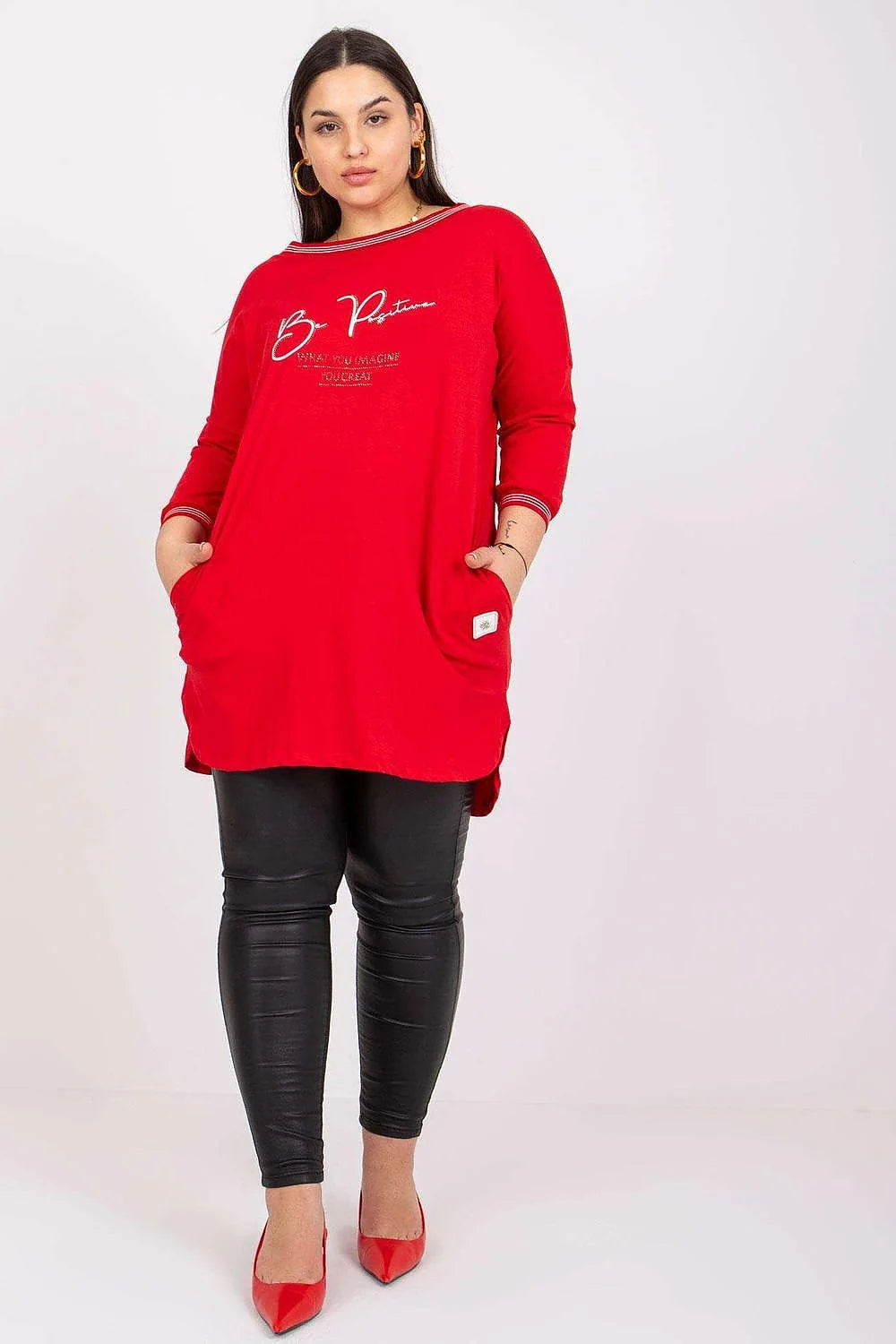 Tunique Relevance pour femme, robe loose à manches 3/4, encolure ronde, poches latérales, détails décoratifs, coton élasthanne, taille universelle, look urbain, style casual