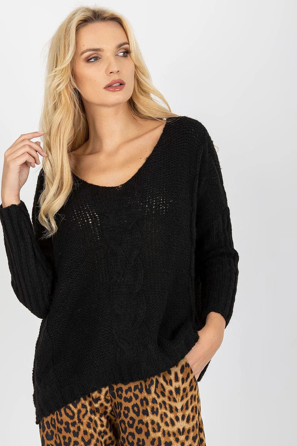 Pull femme manches longues encolure V tricot côtelé ample motif torsadé couleur ivoire polyvalent hiver