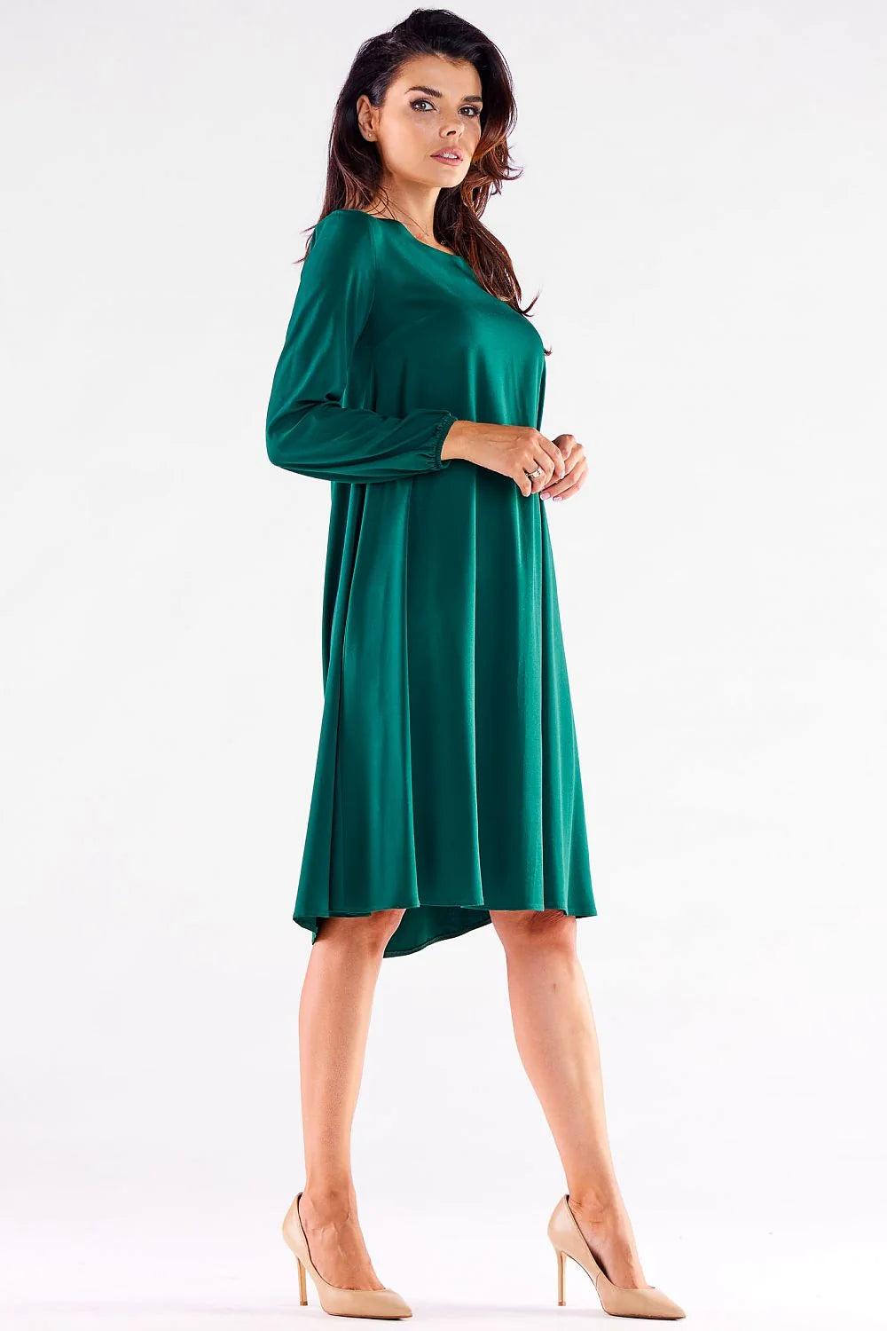 Robe de jour élégante pour femme en viscose et elasthanne, manches longues, dos allongé, coupe trapèze, couleur rouge, taille ajustable