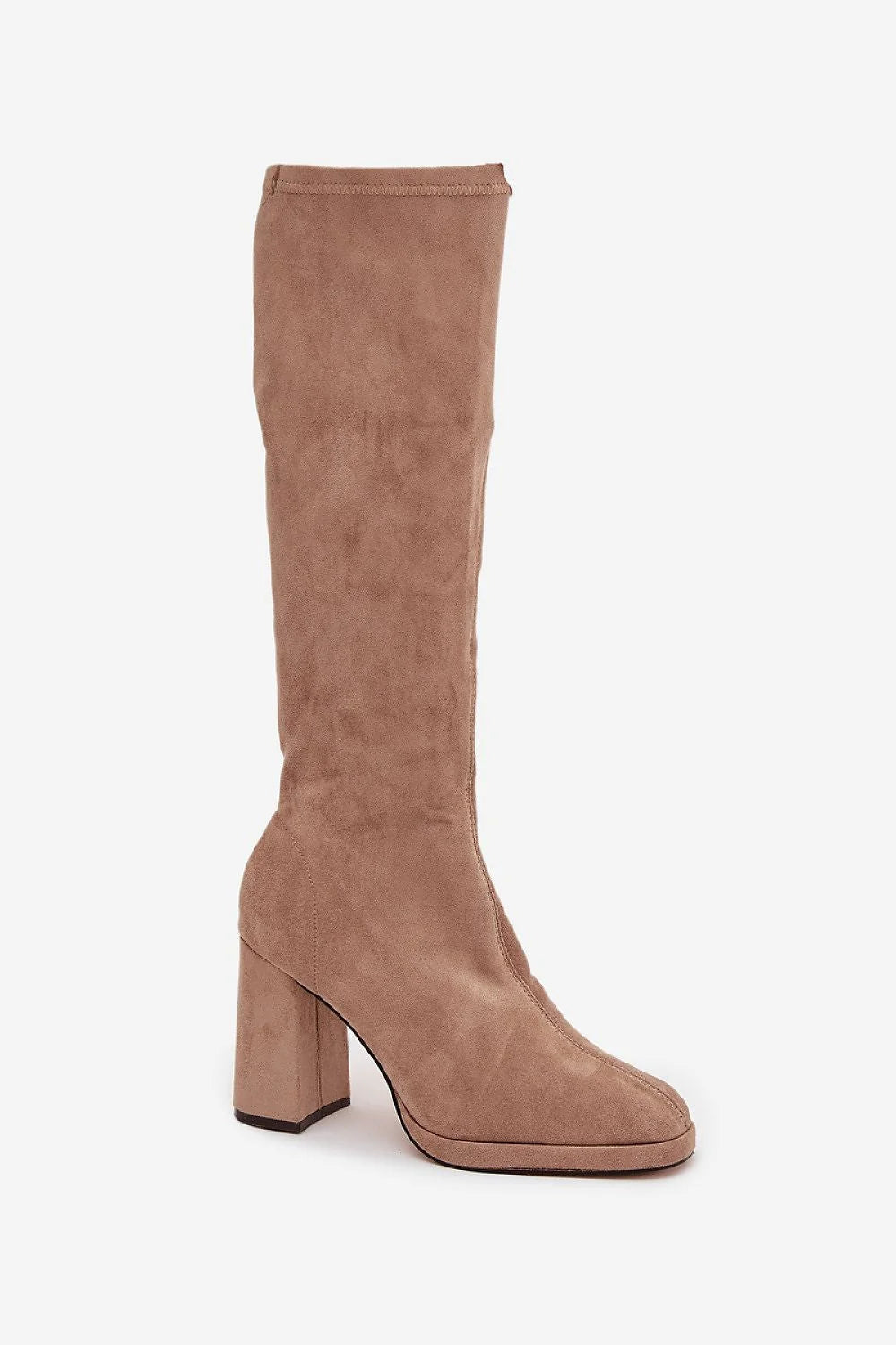 bottes femme hauteur genou suédine écologique beige taupe tige ajustée surpiqûres fermeture éclair latérale talon colonne stable bout arrondi effilé