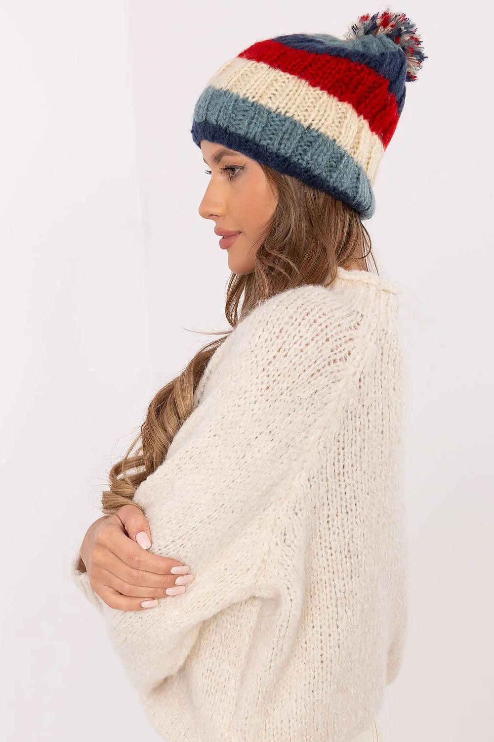 Bonnet d'hiver pour femme tricoté côtelé élastique pompon tricolore couleurs vives doux chaud style casual