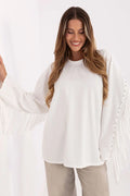 pull femme oversize blanc jersey léger col rond coupe fluide hanches manches longues franges rivets bohème chic confortable