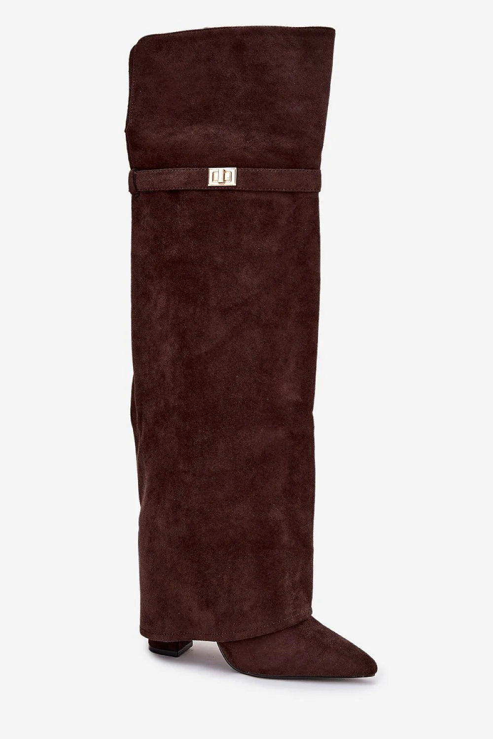 cuissardes suède marron tige haute droite cuisse bout pointu talon bloc bas bijou doré minimal élégant automne hiver écologique