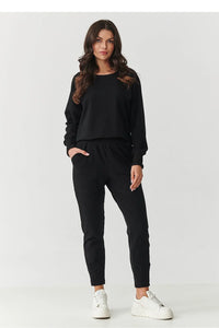 ensemble survêtement femme deux pièces noir sweatshirt pantalon jogger taille élastique chevilles resserrées molletonné coton élasthanne confortable décontracté