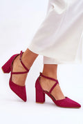 escarpins élégants sophistiqués fuchsia pailleté scintillant bout pointu talon bloc carré confortable semelle cuir écologique brides croisées boucle ajustable