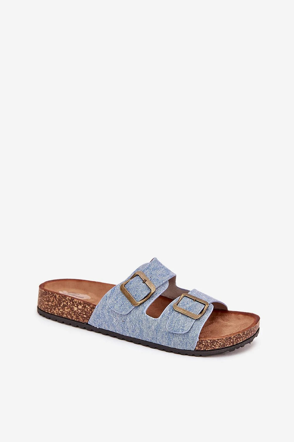 sandales femme plateforme liège semelle suédée moulée anatomique deux brides réglables boucles métal doré denim bleu crantée adhérence
