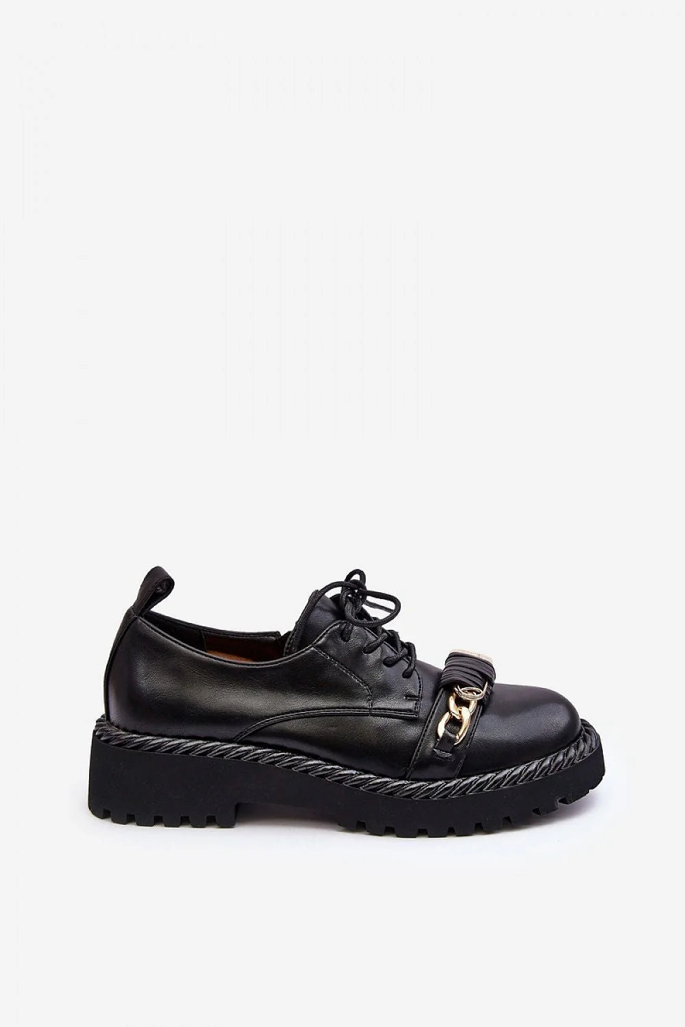 Chaussures basses pour femmes en cuir noir design moderne élégant talon plat semelle épaisse doré métal lacing derbies occasion versatile