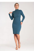 Robe bodycon en coton bleu pétrole ajustée manches longues col montant pour femme