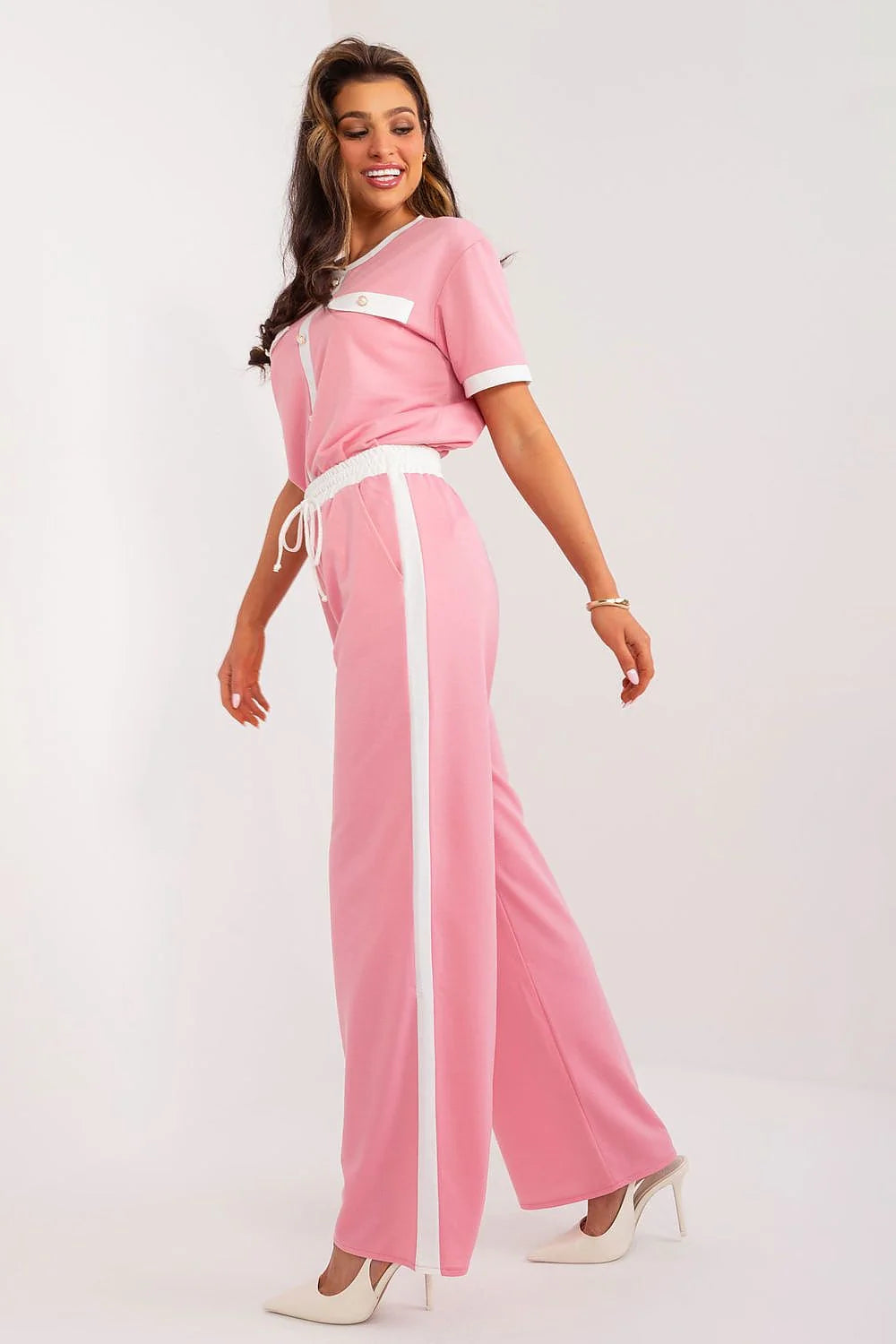 Ensemble féminin chic et décontracté Lakerta, rose pastel, blanc, matière douce, coupe ajustée, pantalon ample, occasion quotidienne, soirée élégante