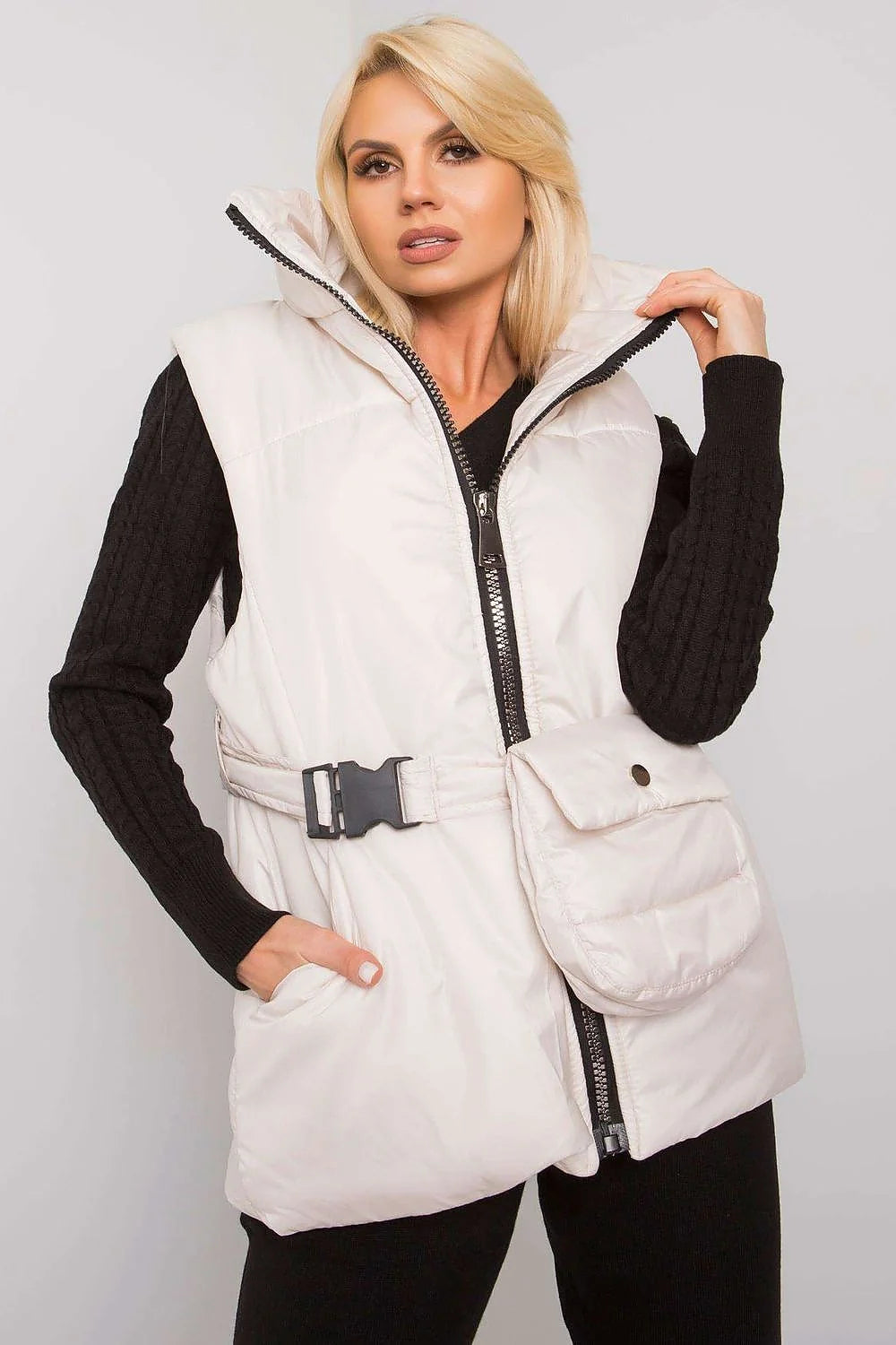 Gilet matelassé marron caramel polyester décontracté élégant fermeture éclair poches ceinture intégrée femme automne-hiver