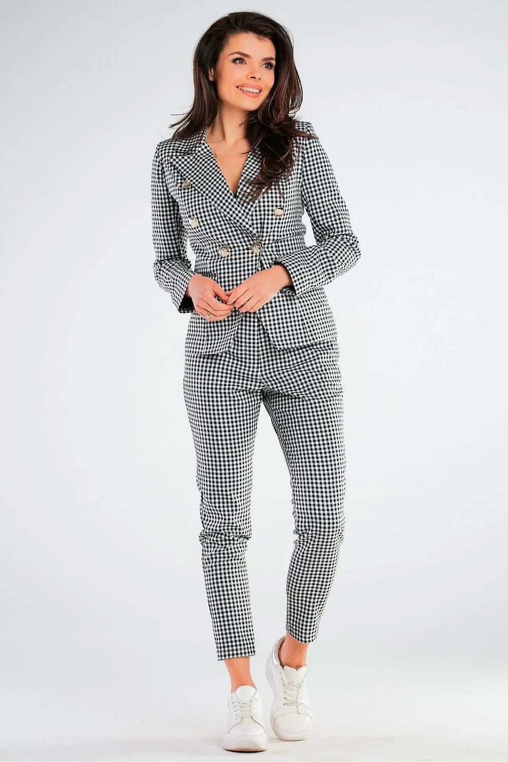 pantalon femme taille ajustable coupe ajustée cigarette cheville motifs carreaux beige marron noir tissu structuré confortable extensible polyester viscose élasthanne