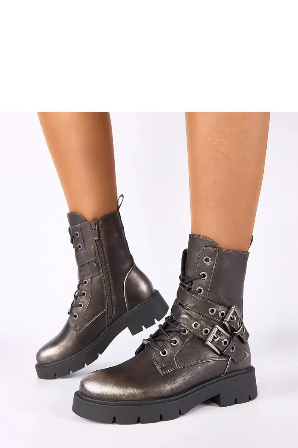 bottines Ruthy Gemre métalliques gris anthracite plateforme semelle crantée talon bloc tige mi mollet