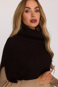 poncho cape femme courte col roulé tricot côtelée épais doux ample marron foncé fentes latérales bordcote superposable polyacrylique polyester laine