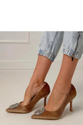 escarpins femme talons aiguilles velours camel doré bout pointu silhouette élancée ornement zircons semelle cuir synthétique enfilable confortable élégante soirée