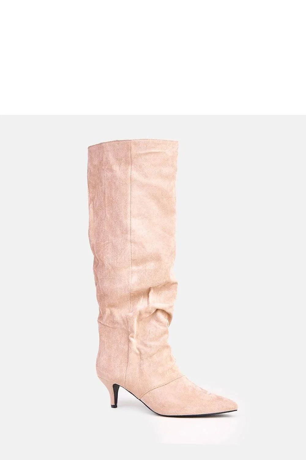 bottes montantes femme suédé écologique beige bout pointu fin tige43cm ajustée mollet talon6cm kitten fermeturezippée confortables élégantes