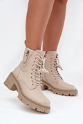 bottines femme Vinceza cuir naturel grainé beige mi cheville lacets zip latéral talon bloc six centimetres semelle crantée