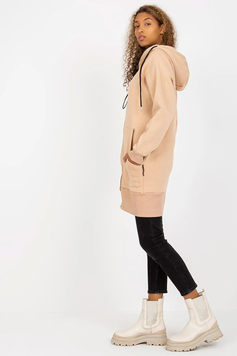 Sweatshirt femme Rue Paris longue manches longues capuche fermeture éclair beige sable coton élasthanne polyester veste Casual Moderne